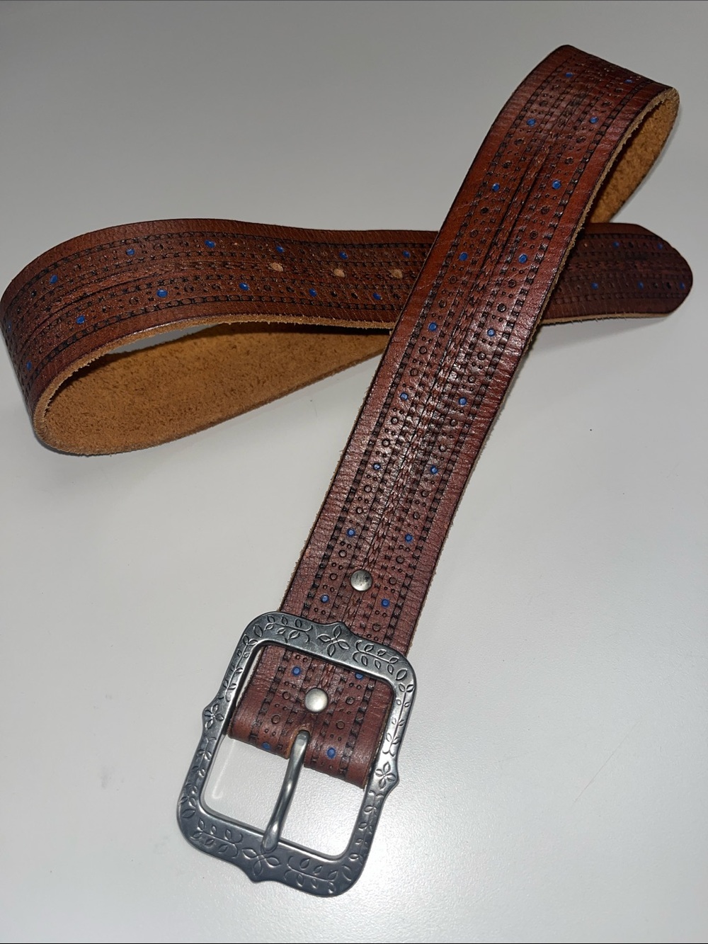 Abercrombie & Fitch Brown & Blue Leather Belt with Silver Floral Buckle